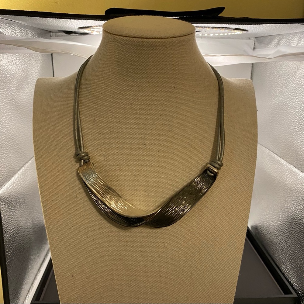 Textured Twist Statement Necklace in Silver and Grey Tone